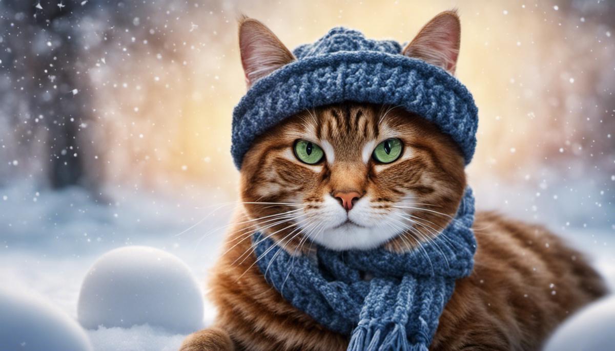 An image of a cat with a scarf sitting next to a snowman