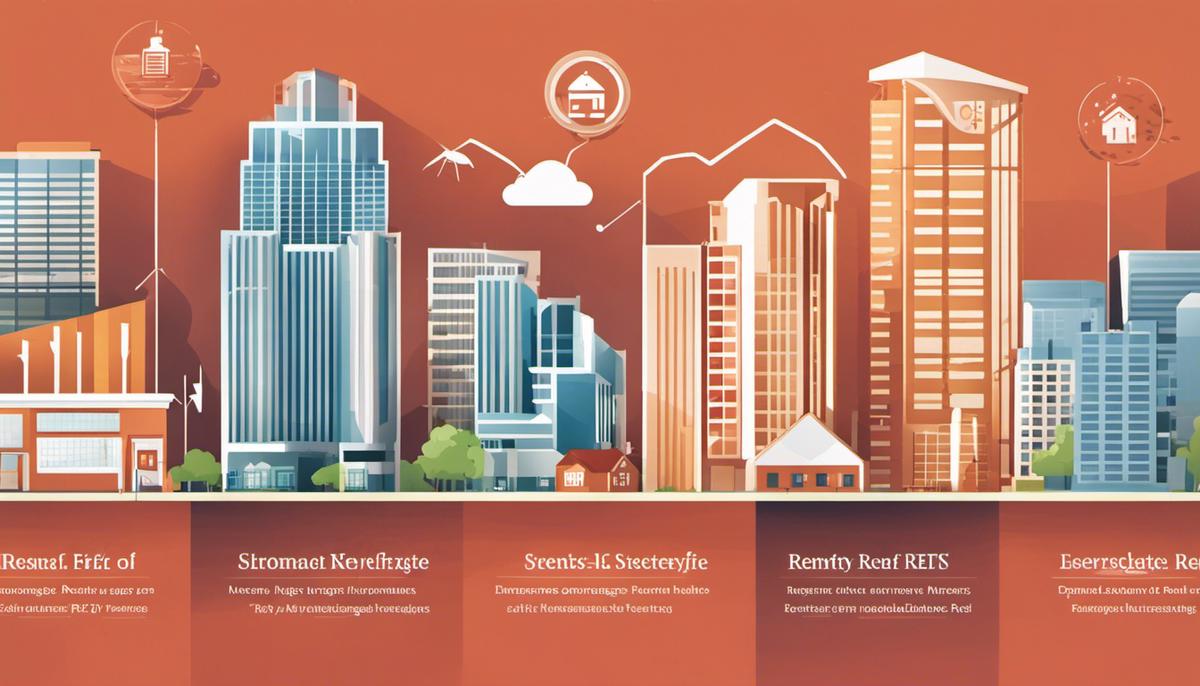 Image illustrating different categories of REITs with icons representing Equity REITs, Mortgage REITs, and Hybrid REITs, showcasing diversification in real estate investments