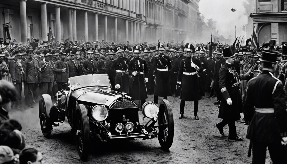 A black and white image depicting the Archduke Franz Ferdinand at the moment of his assassination, surrounded by a crowd.