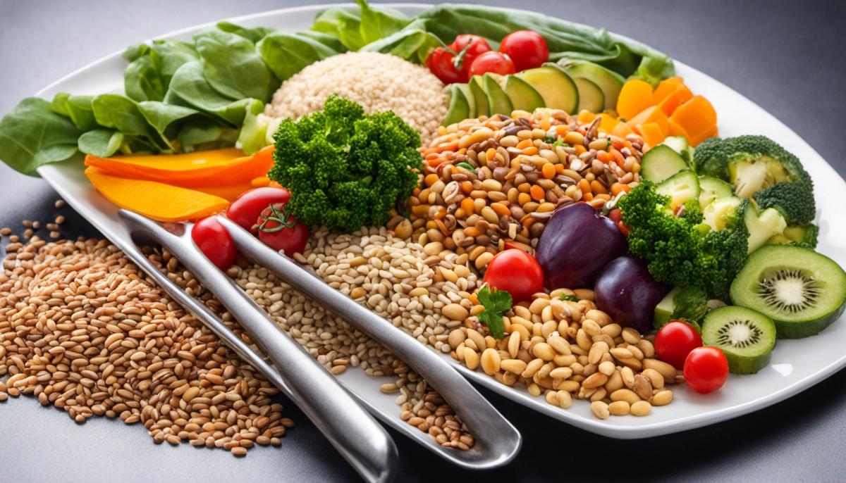 An image showing a colorful plate of vegetarian food with a variety of grains, vegetables, fruits, legumes, nuts, and seeds, representing a balanced vegetarian diet.