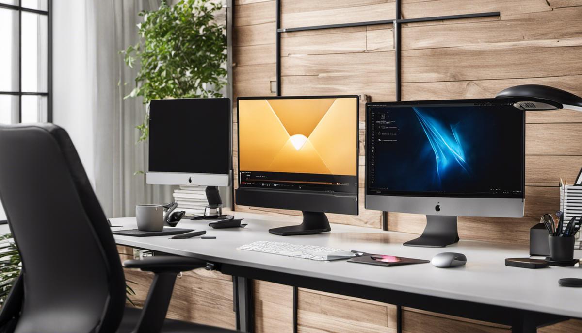 An image depicting a person working on a budget-friendly workstation with a laptop and a desktop computer side by side.