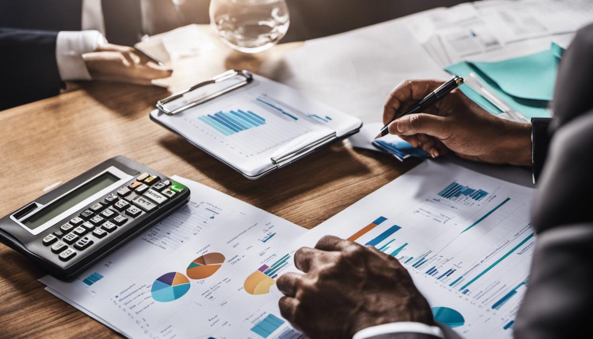 An image depicting a person organizing financial documents and charts, representing the process of creating a budget.