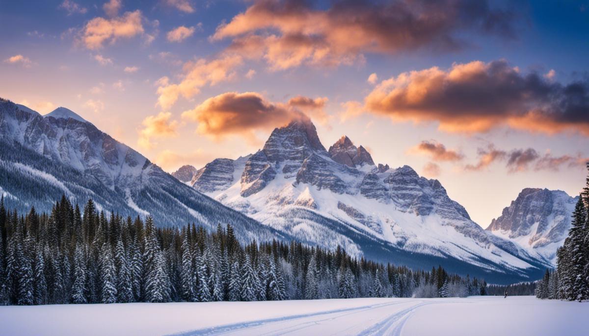 A snowy landscape with mountains in the background, showcasing the beauty of a Canadian winter road trip.