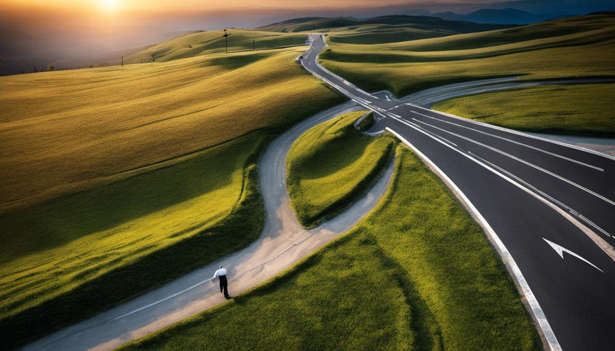 Image depicting a person standing at a crossroads, representing the concept of career transition