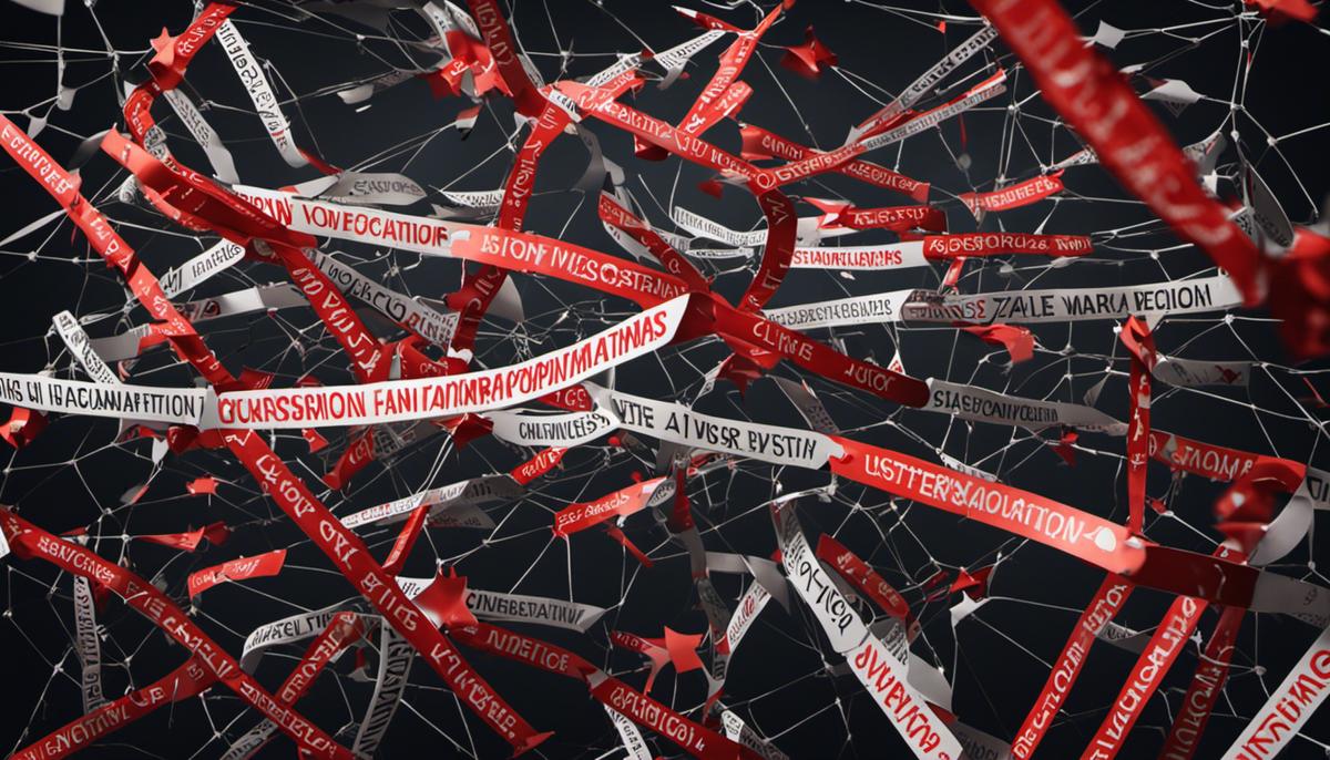 Image illustrating the characteristics of disinformation and misinformation, showing a tangled web of false information surrounded by question marks and caution signs