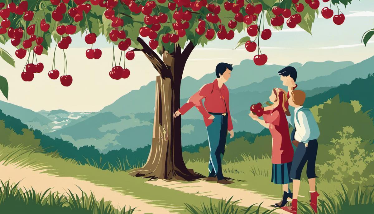 Illustration of a person picking cherries selectively from a tree while ignoring other cherries, symbolizing the act of 'cherry-picking data'.