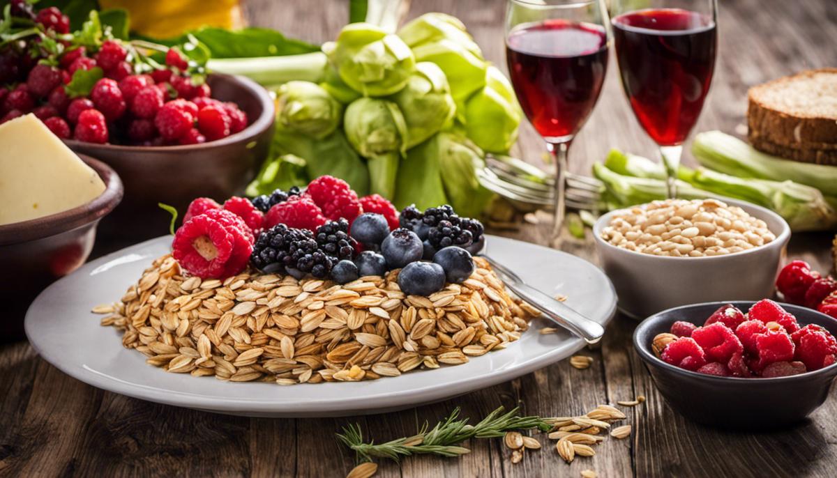 A plate of healthy and colorful foods, including oats, berries, legumes, artichokes, onions, and a glass of red wine.