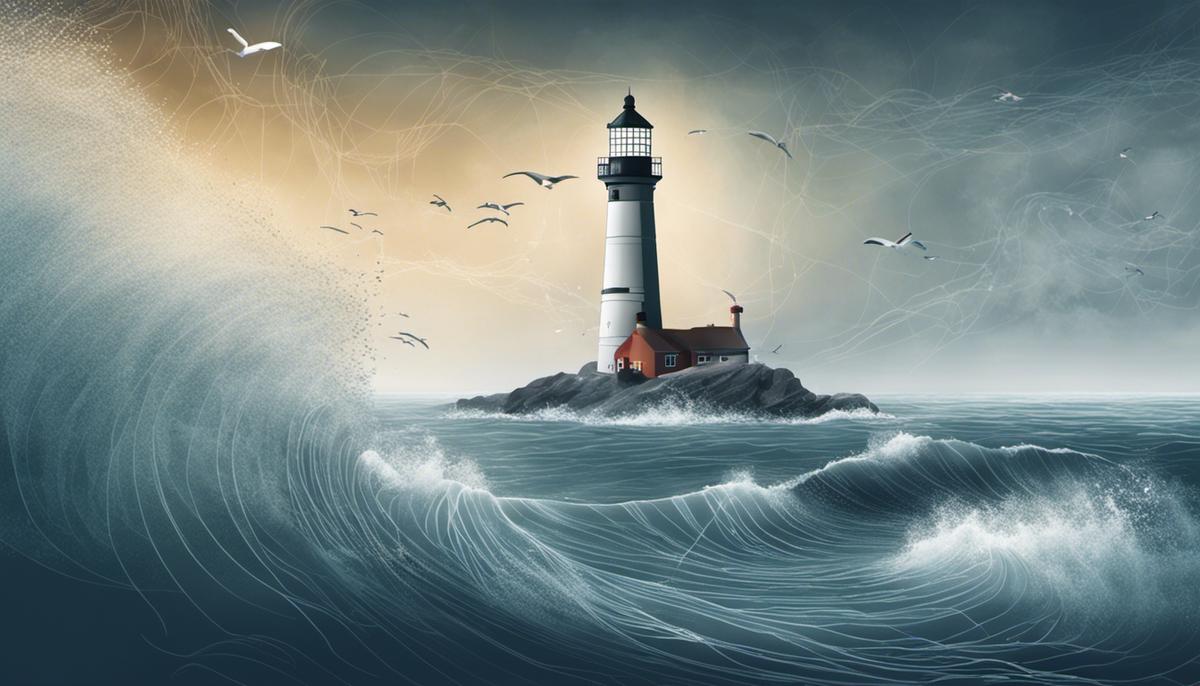 Illustration of a lighthouse in a foggy ocean with statistical graphs and numbers floating around, representing the importance of context in understanding and interpreting statistical data.