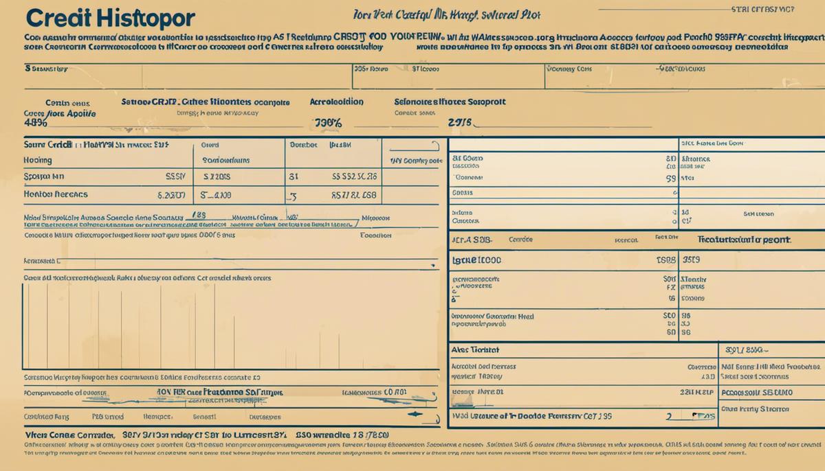 An image of a person's credit history report with dashes instead of spaces, showing various financial transactions and scores.