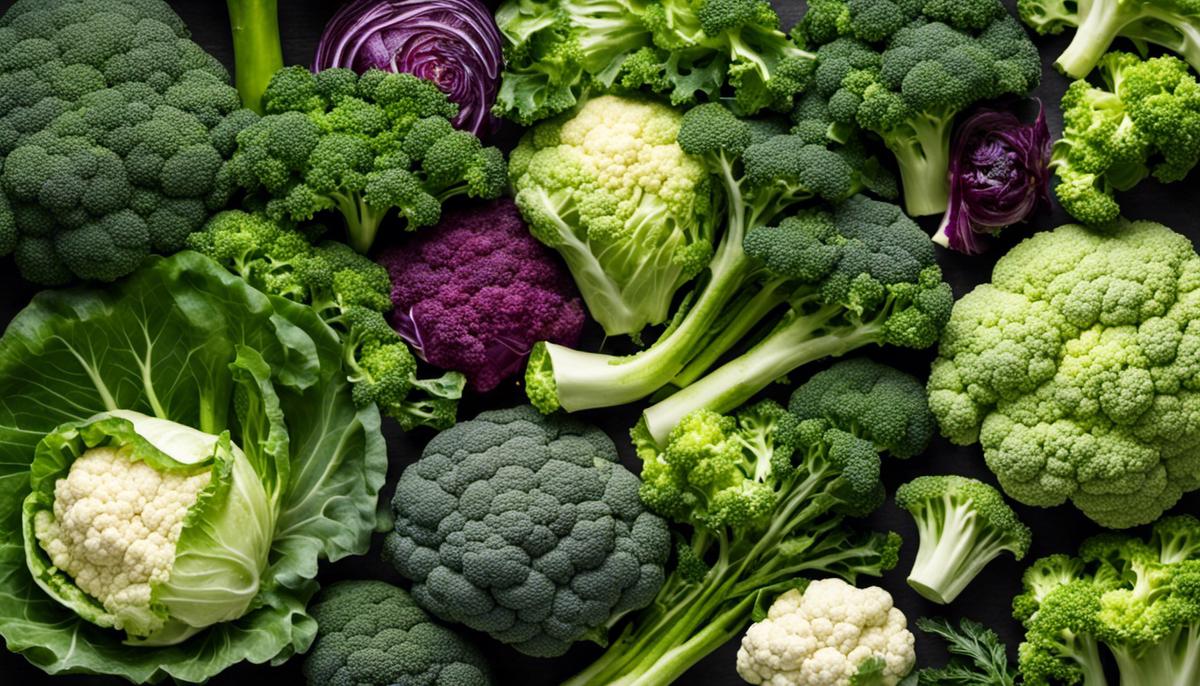 A variety of cruciferous vegetables, including broccoli, cabbage, cauliflower, and kale.