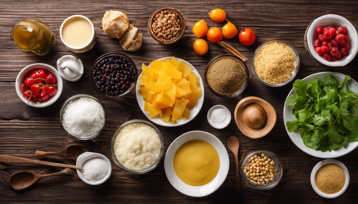 Various culinary substitutes displayed on a wooden table