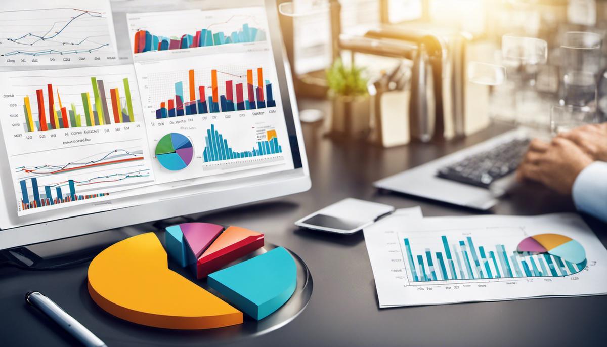 Image depicting data analysis, with charts and graphs representing data.