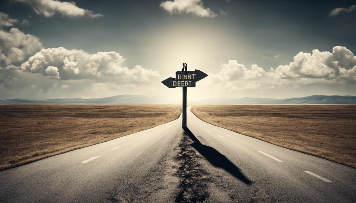 Image depicting the concept of the debt dilemma, representing a person standing at a crossroads with signs pointing to different financial challenges.