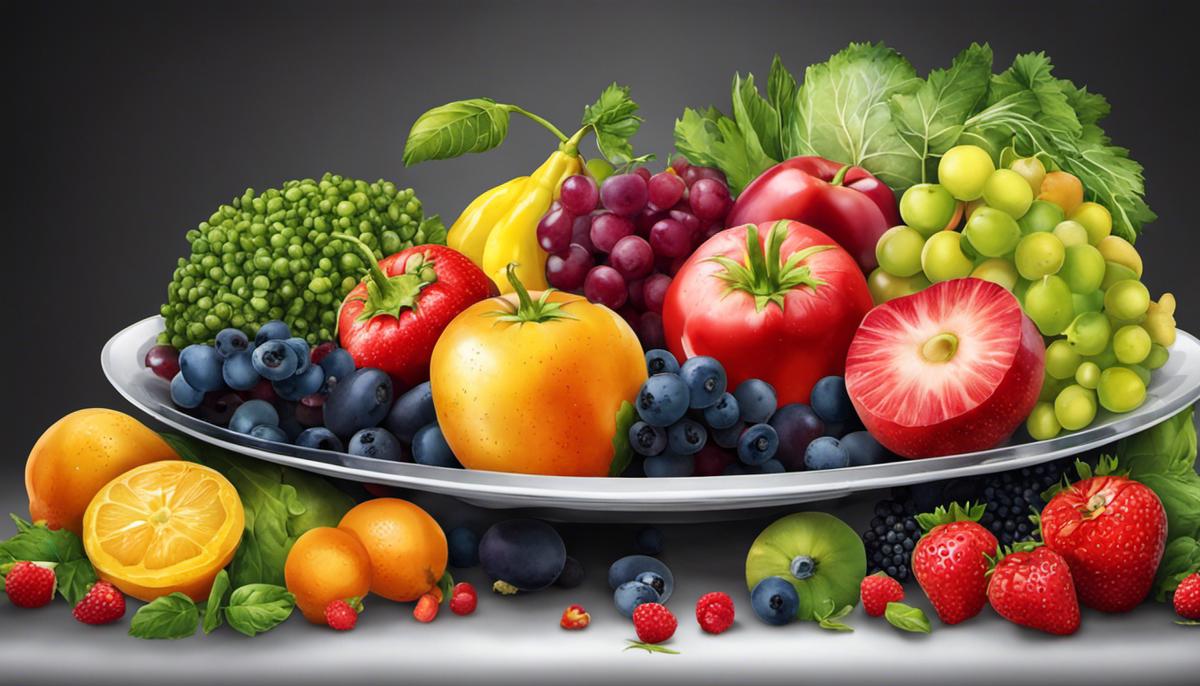 Illustration of a plate filled with colorful fruits and vegetables, representing a healthy diet that may delay gray hair.