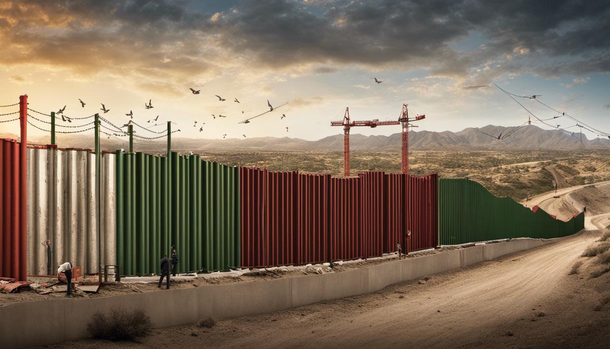 An image depicting the economic implications of the U.S.-Mexico border wall, showcasing interconnected arrows representing trade, migration, labor, and drug trafficking, surrounded by walls representing barriers and challenges.