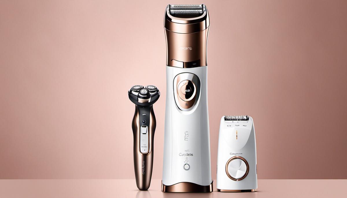 Illustration of different epilator attributes, emphasizing ergonomics, speed settings, efficiency caps, wet and dry use, cordless feature, and skin protector system.