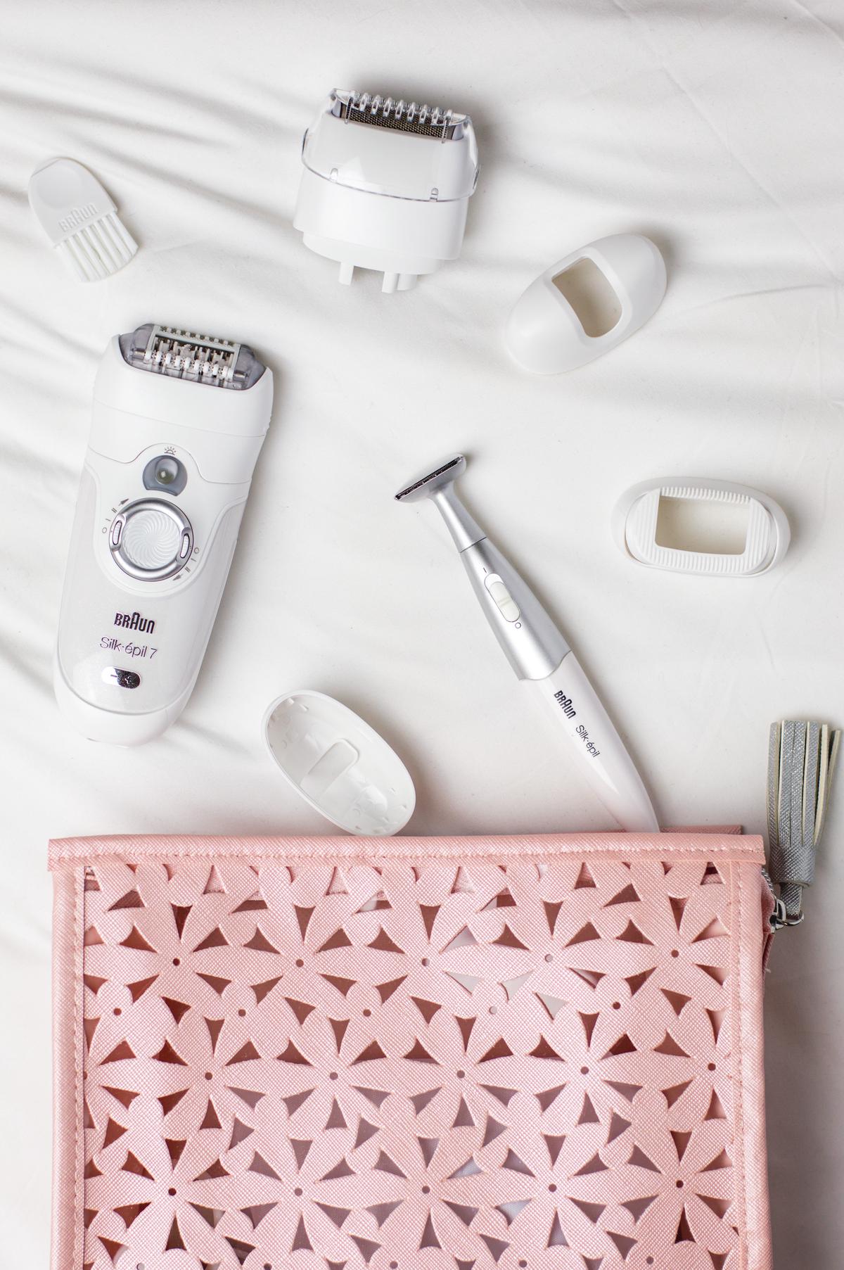 Illustration showcasing the essential elements of an epilator, including ergonomics, speed settings, efficiency cap, wet and dry use, cordless feature, and skin protector.