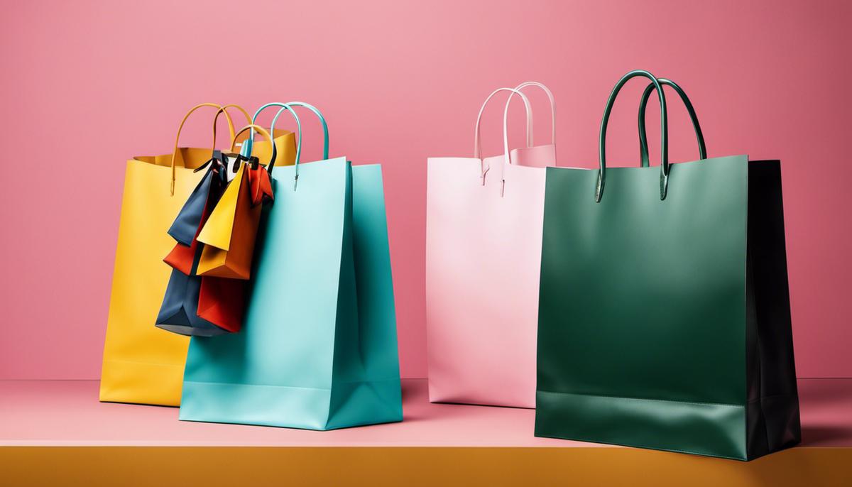 Two shopping bags with clothes hanging out, depicting the contrast between luxury and affordability in the world of fast fashion.