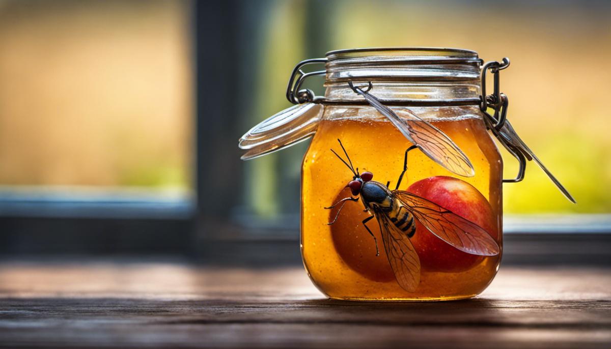 Image depicting a fruit fly trapped in a jar with apple cider vinegar and dish soap