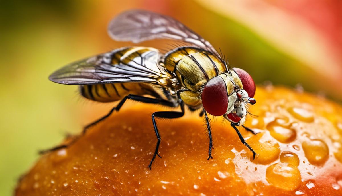 Image of a fruit fly sitting on a ripe fruit.