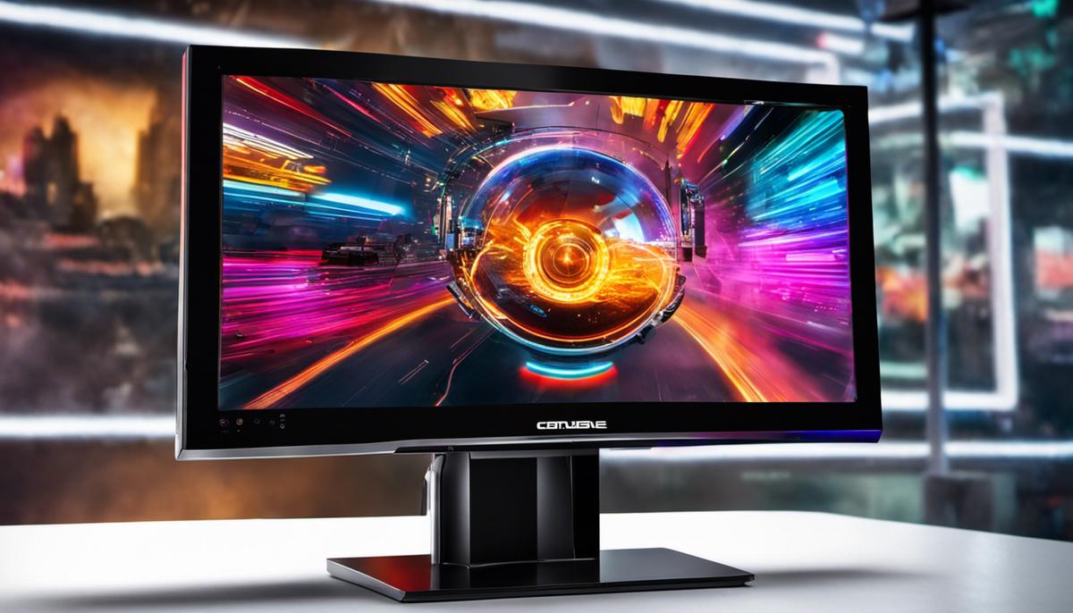 An image of a futuristic gaming monitor displaying vibrant colors and high-resolution graphics.