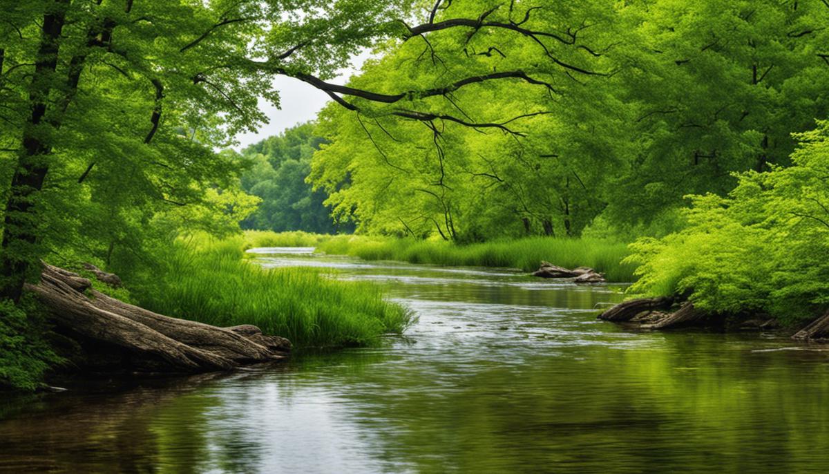 A beautiful landscape view of the Ontario Greenbelt with lush vegetation, trees, and winding water bodies.