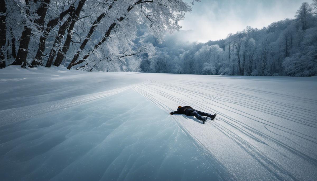 Image of a person slipping on an icy surface with dashes instead of spaces