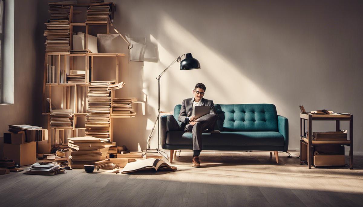 Image of a person sitting on a couch, surrounded by unfinished work, symbolizing the concept of laziness inhibiting productivity.