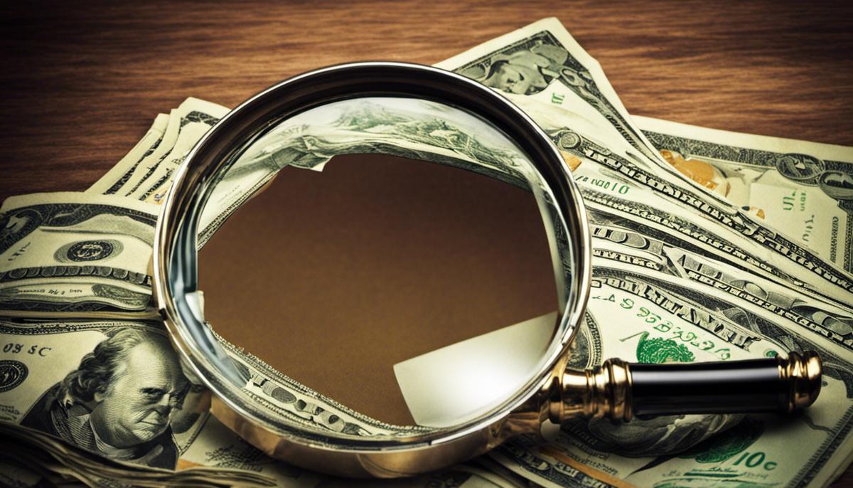 A magnifying glass hovering over a pile of cash, representing the concept of life insurance policy loans.