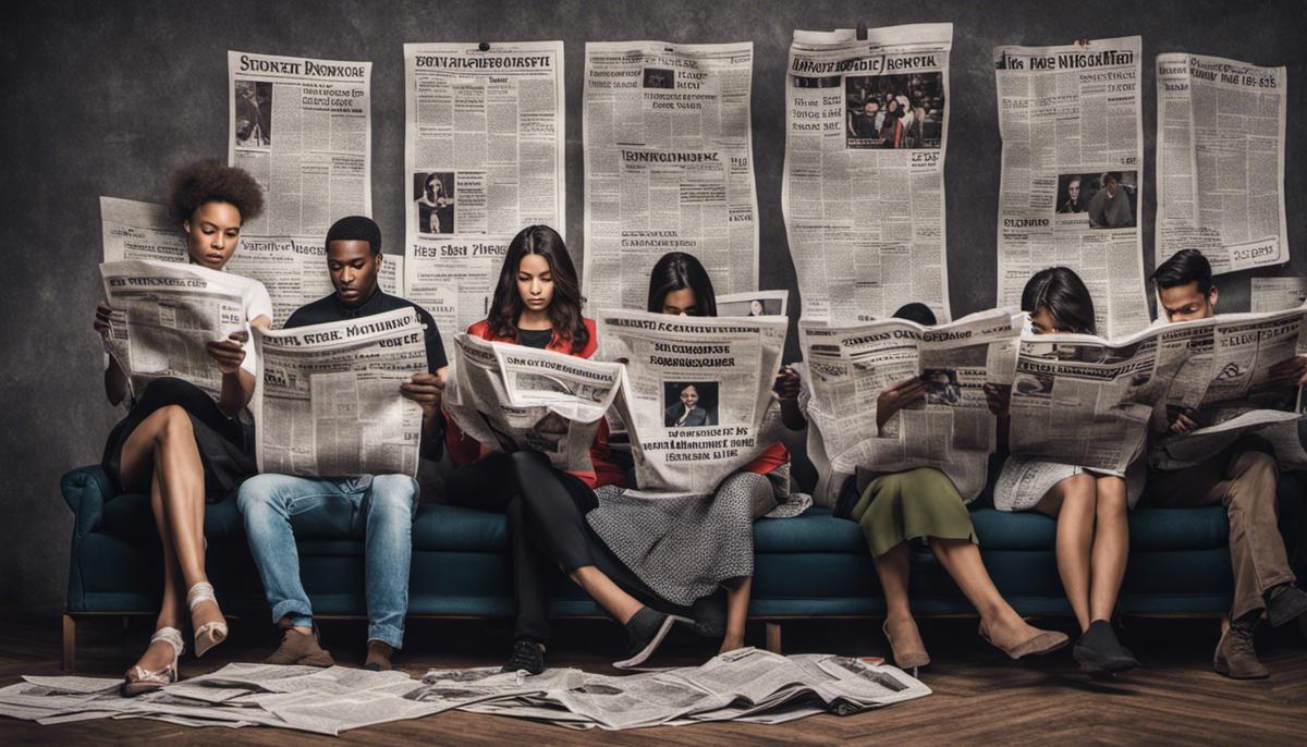 Image of people reading newspapers and social media posts to symbolize misinformation and disinformation.