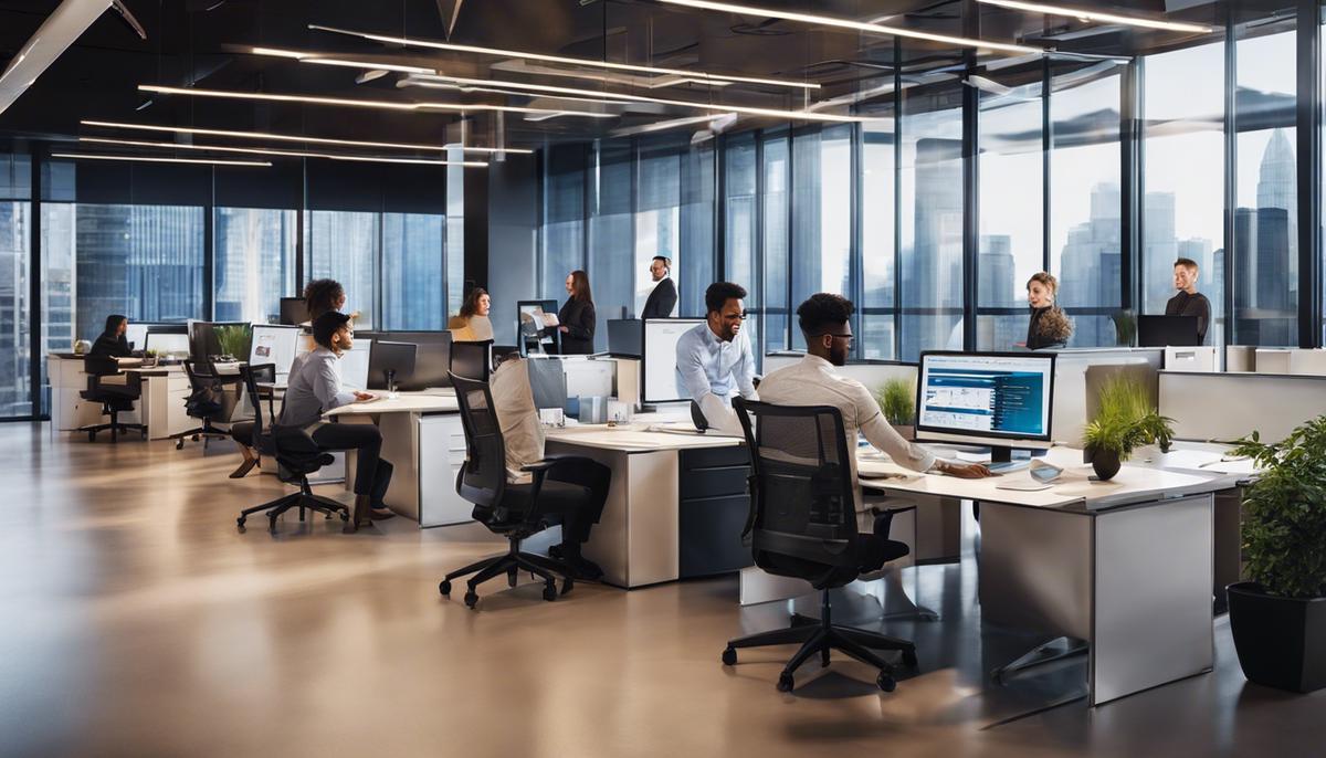 Image depicting a diverse group of employees working happily together in a modern office environment