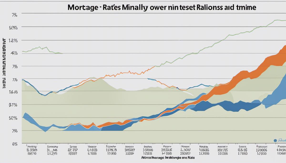 An image showing a graph with the correlation between mortgage interest rates and inflation over time.