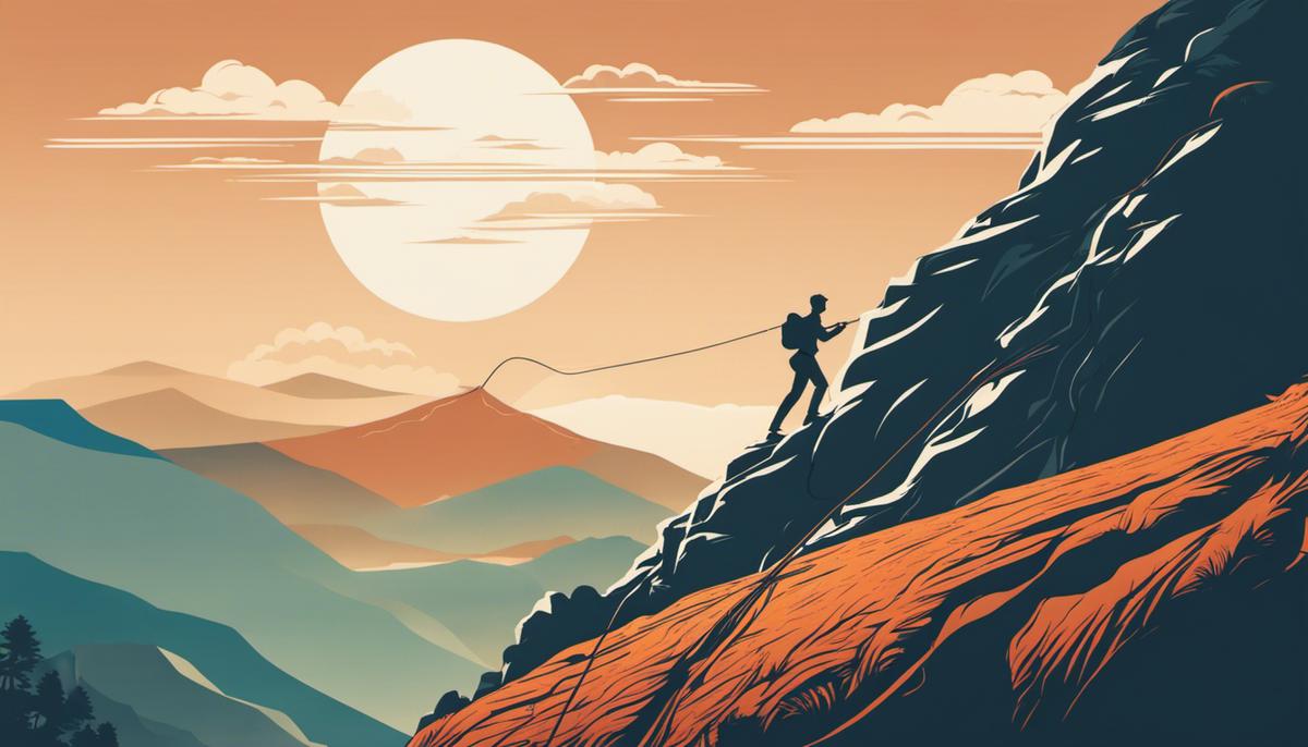 Illustration depicting the effects of motivation on productivity, showing a person climbing a mountain, symbolic of achieving goals and increased productivity.