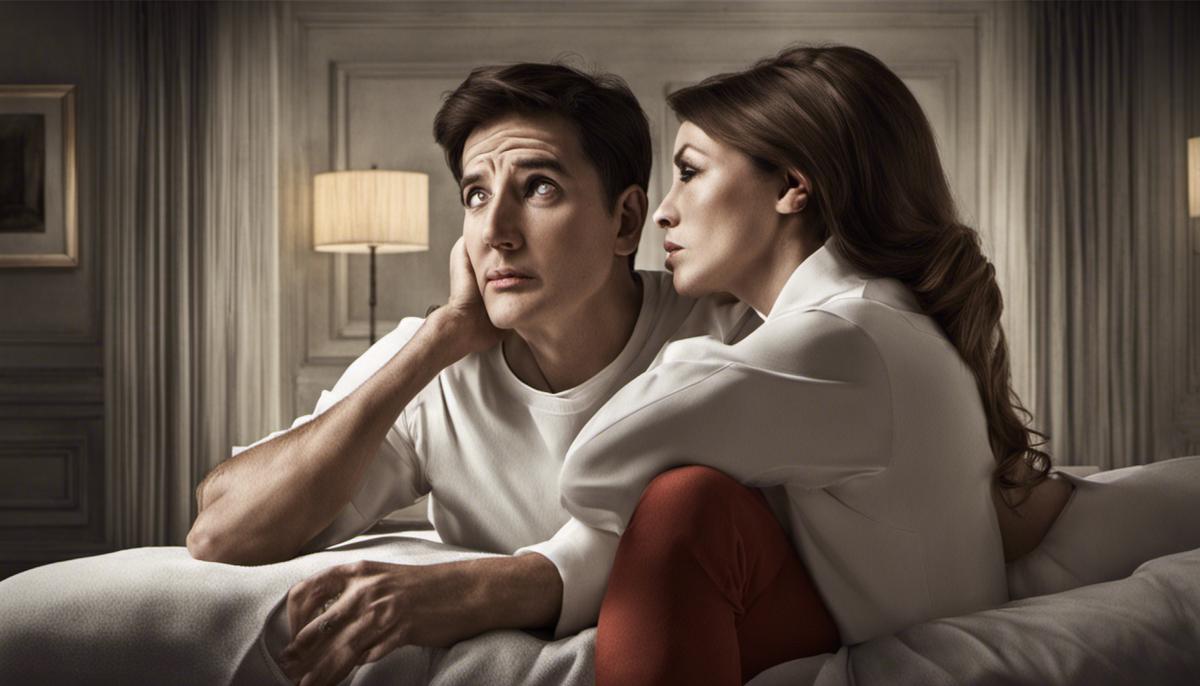 A depiction of a person feeling overwhelmed and stressed while another person acts self-centered, symbolizing the challenges of dealing with a narcissistic spouse.