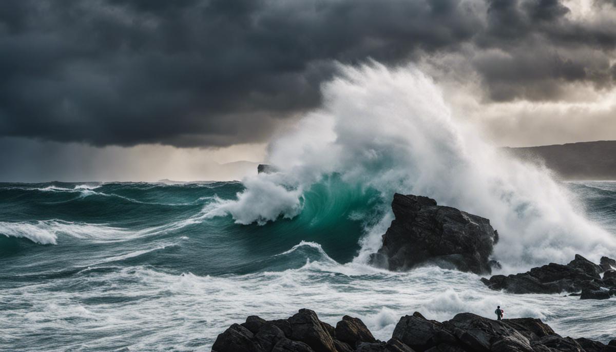 Image of a person standing strong amidst stormy waves, representing the concept of self-care strategies for dealing with a narcissistic spouse.