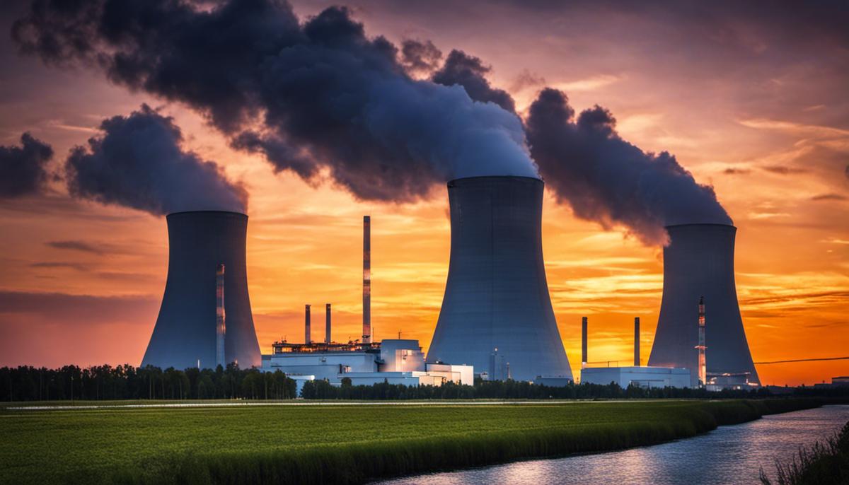 A nuclear power plant against a sunset sky.