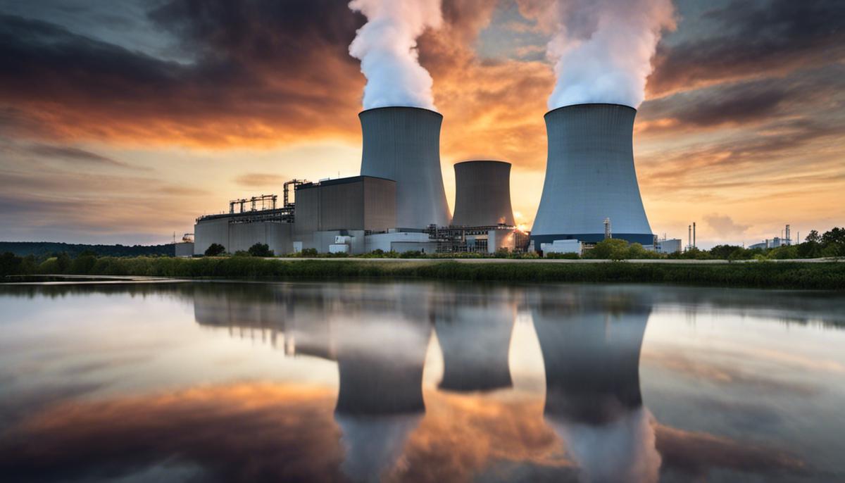 Image depicting a nuclear power plant releasing steam with clouds in the background.