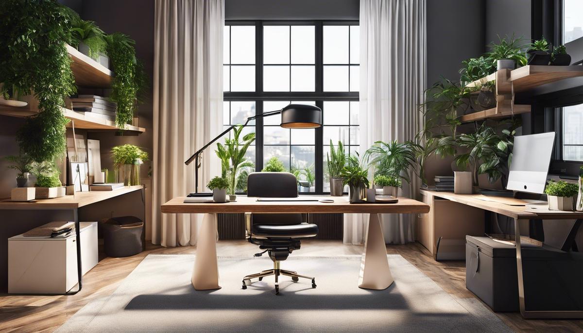 An image showing a beautifully organized and ergonomic workspace with natural lighting and indoor plants, promoting a productive and healthy work environment.