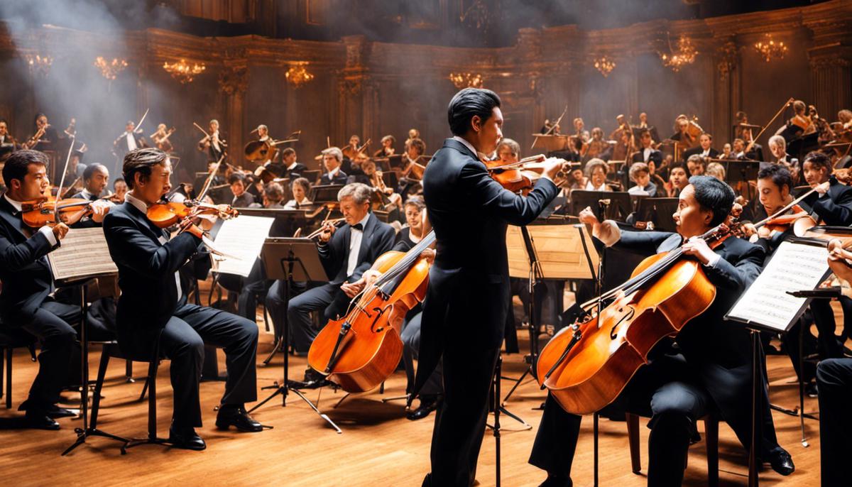 A depiction of a conductor leading an orchestra with multiple musicians playing different instruments, representing the role of a Program Manager harmonizing various projects in the corporate world.