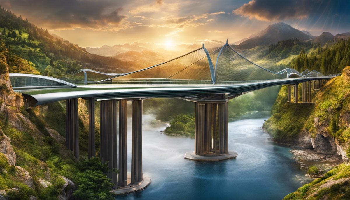 Image depicting a futuristic digital landscape with a bridge between the words 'innovation' and 'monetization', representing Microsoft PubCenter as the bridge between the two worlds.