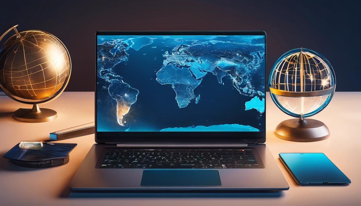 Illustration of a laptop and globe symbolizing global connectivity and remote work
