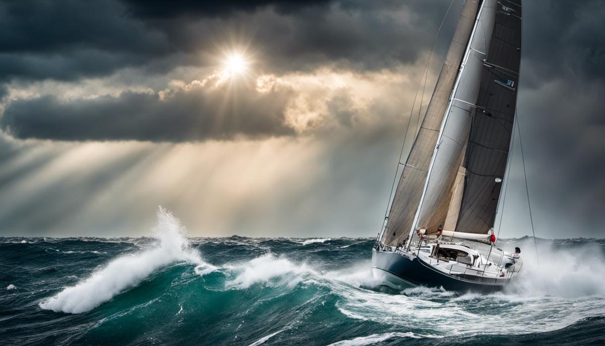 A sailboat navigating through stormy seas, representing the challenges and opportunities of residential REIT investments.