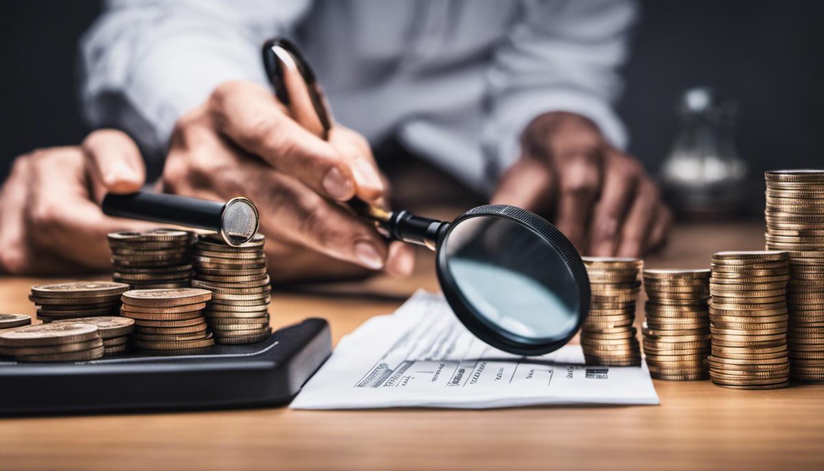 Image depicting the process of salary benchmarking and research, showing a person holding a magnifying glass over a scale to symbolize digging deeper into compensation information.