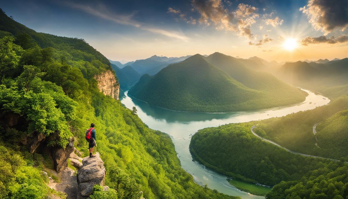 An image of a person standing on a mountain peak, overlooking a lush green valley with a river flowing through it, capturing the spirit of adventure and exploration.