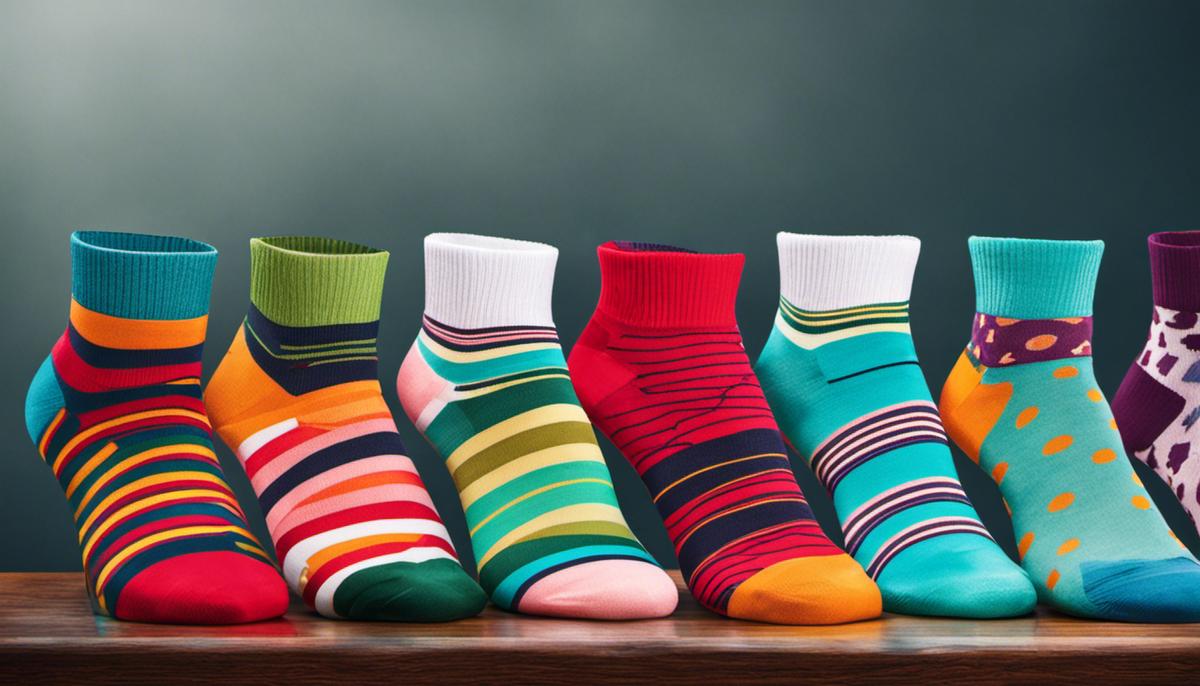 A colorful image of various pairs of stylish socks stacked together