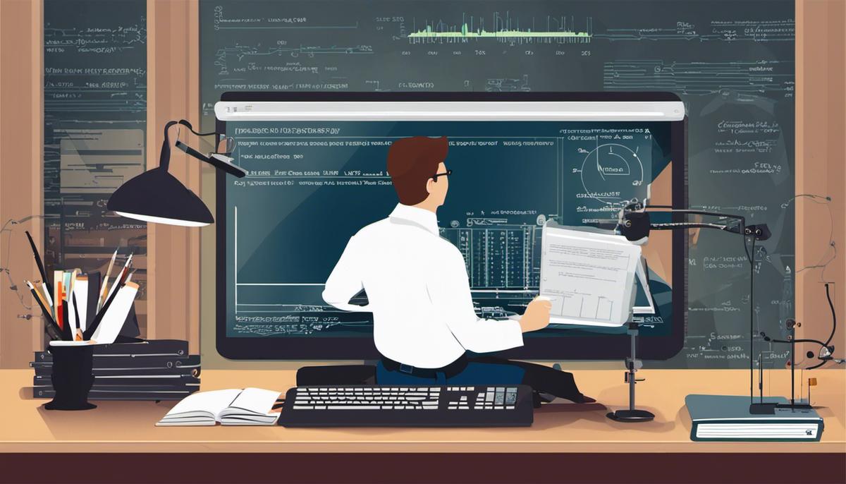 An image representing a software engineer measuring their success using a ruler and a computer with code in the background.