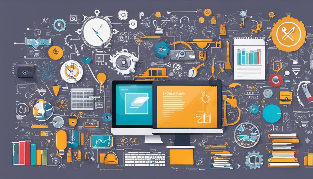 An image depicting a software engineer with various tools and technology symbols around them, representing the diverse skills and knowledge required in the field of software engineering.