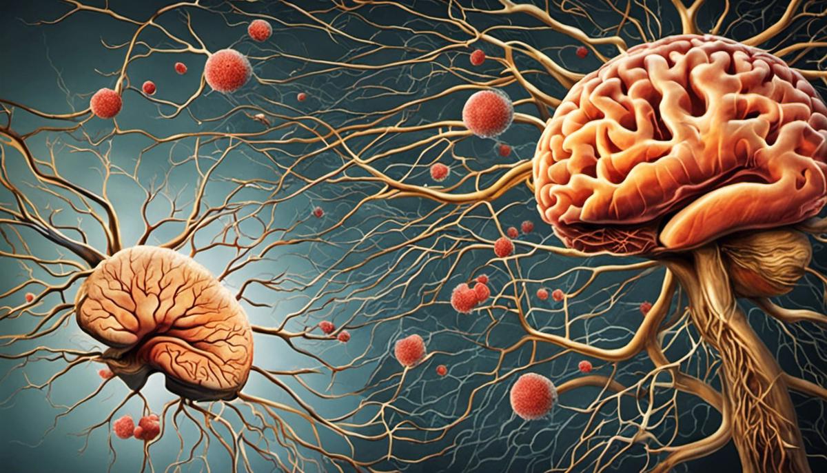 Image depicting the impact of stress on physical health and psychological well-being, showing interconnected neurons and organs signifying the complex relationship