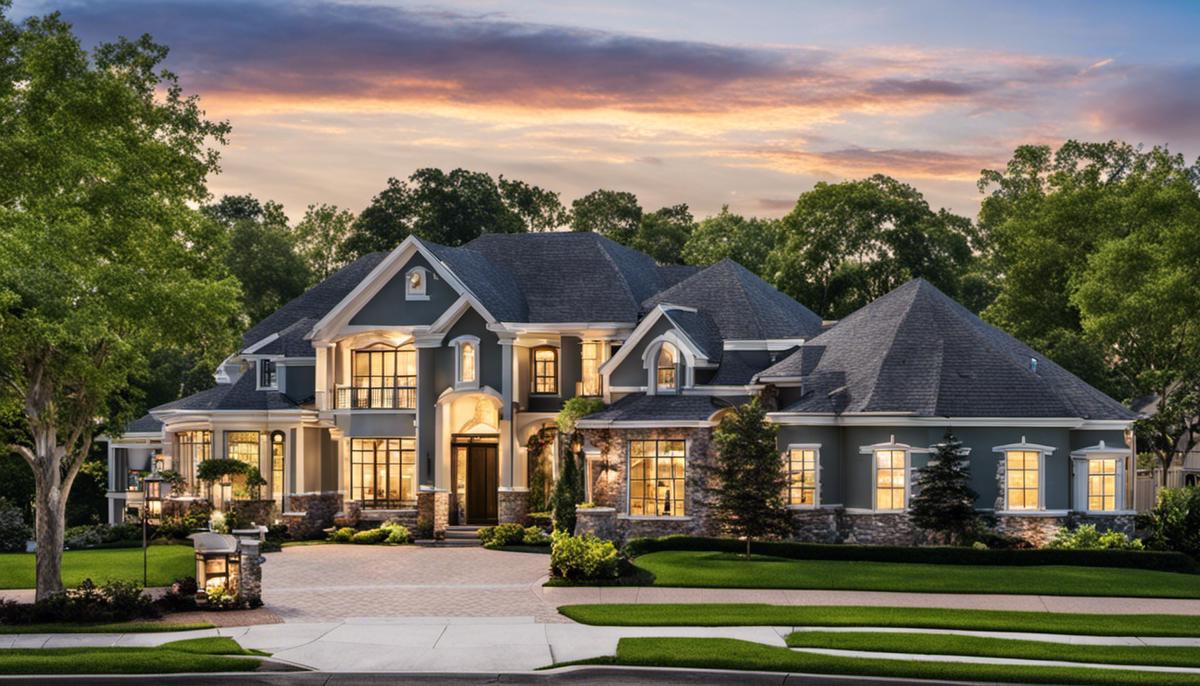 A peaceful suburban street lined with trees and beautiful homes.