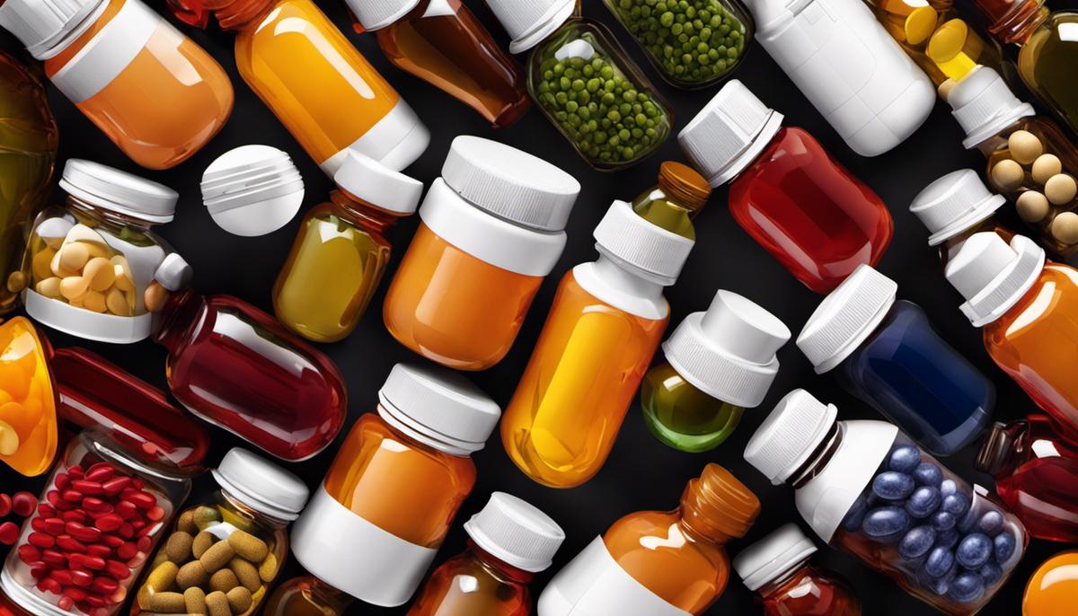 A depiction of various vitamin supplements neatly arranged in a bottle, symbolizing the complex and diverse nature of the supplement industry.